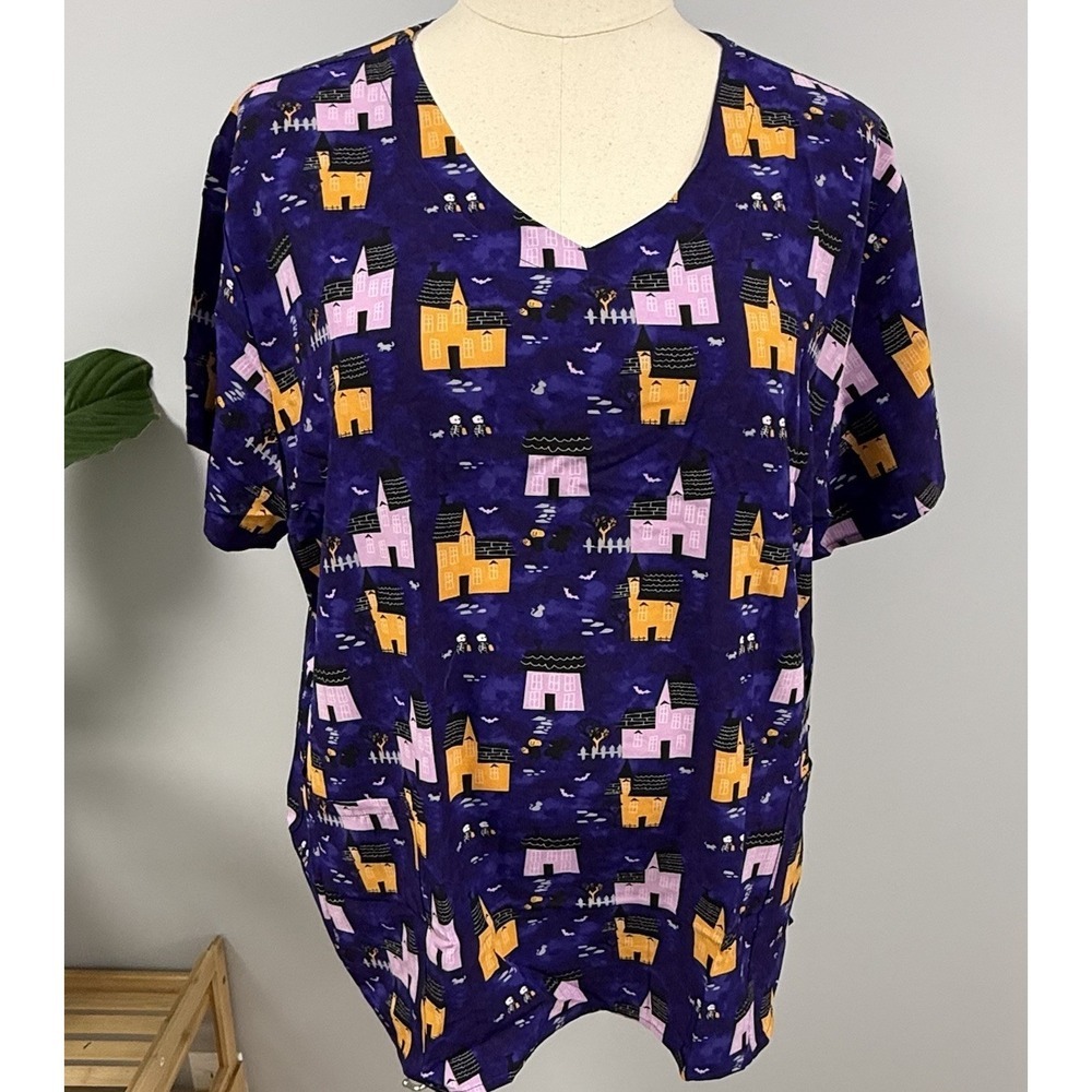 NWT Zoe + Chloe Scrub Halloween Top 3X Purple Trick Or Treat Scrubs Uniform